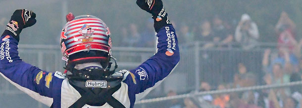 Nascar driver Shane van Gisbergen celebrates victory at the Grant Park 165 race