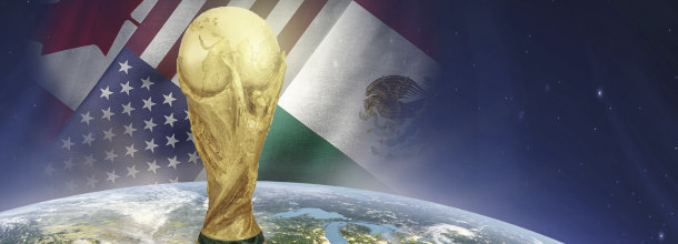 The FIFA World Cup trophy and flags of the hosts USA, Mexico and Canada
